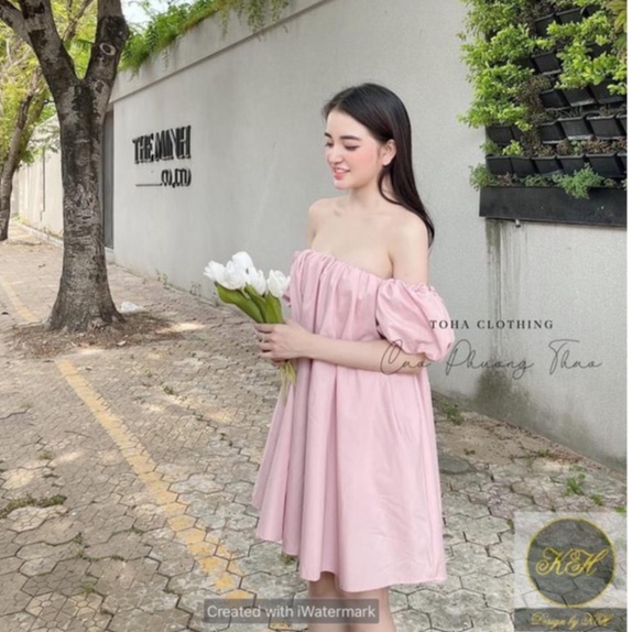Váy trễ vai tay bồng trơn basic xòe bồng đầm xòe nữ tiểu thư xinh xắn BN258
