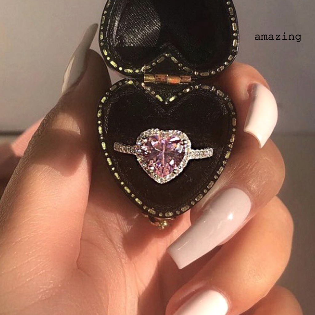 [AM] Pink Heart-shaped Rhinestone Ring Platinum Plated  Women Jewelry Accessories