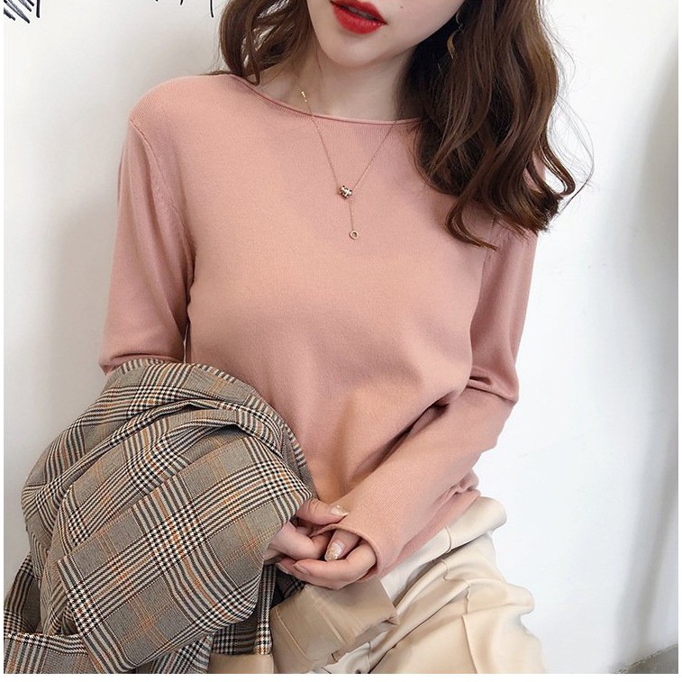 Áo len dệt kim nữ mỏng cổ tròn mùa thu đông
