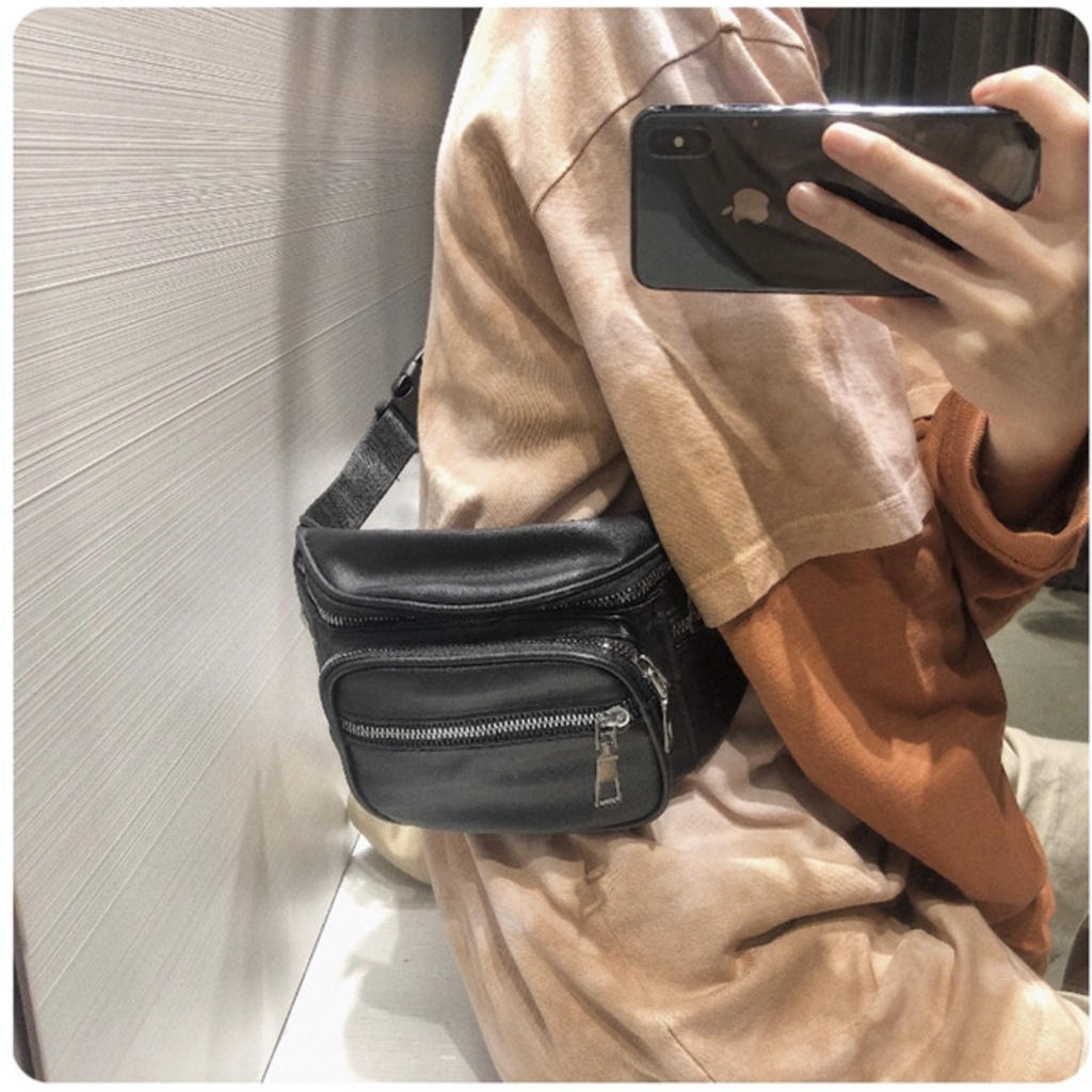 Túi bao tử nhiều ngăn đeo vai đeo hông quai xích túi thời trang unisex Da xịn