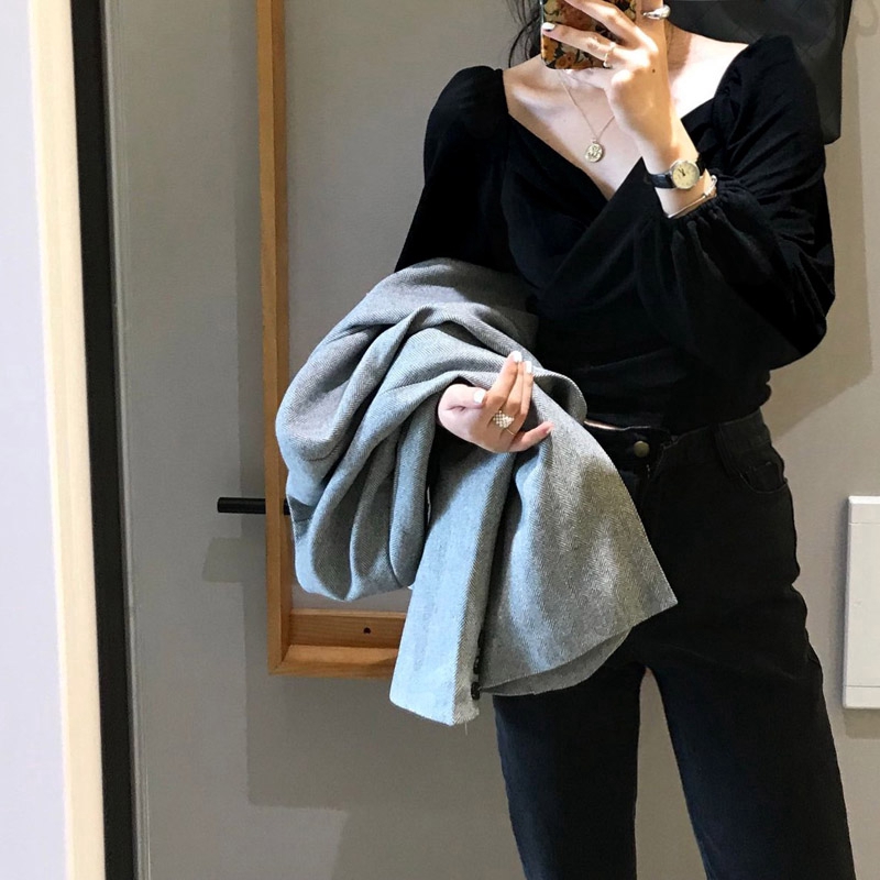 SUXI Áo kiểu cổ tim tay phồng phong cách Hàn Quốc thanh lịch dành cho nữ