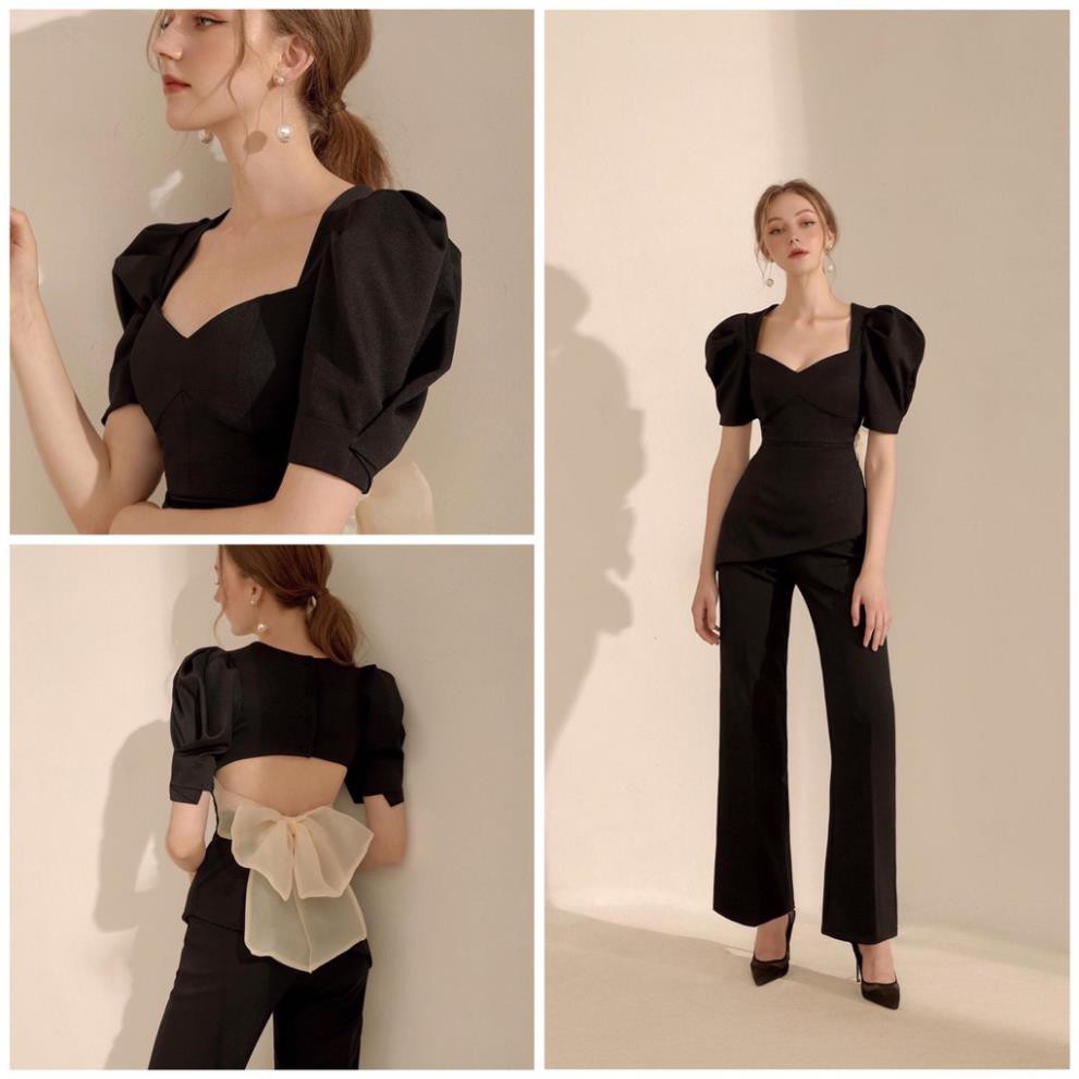 Áo Tay Phồng Cổ V Cut Out Lưng Cột Nơ Sang Trọng Màu Đen Nữ Tính ྇
