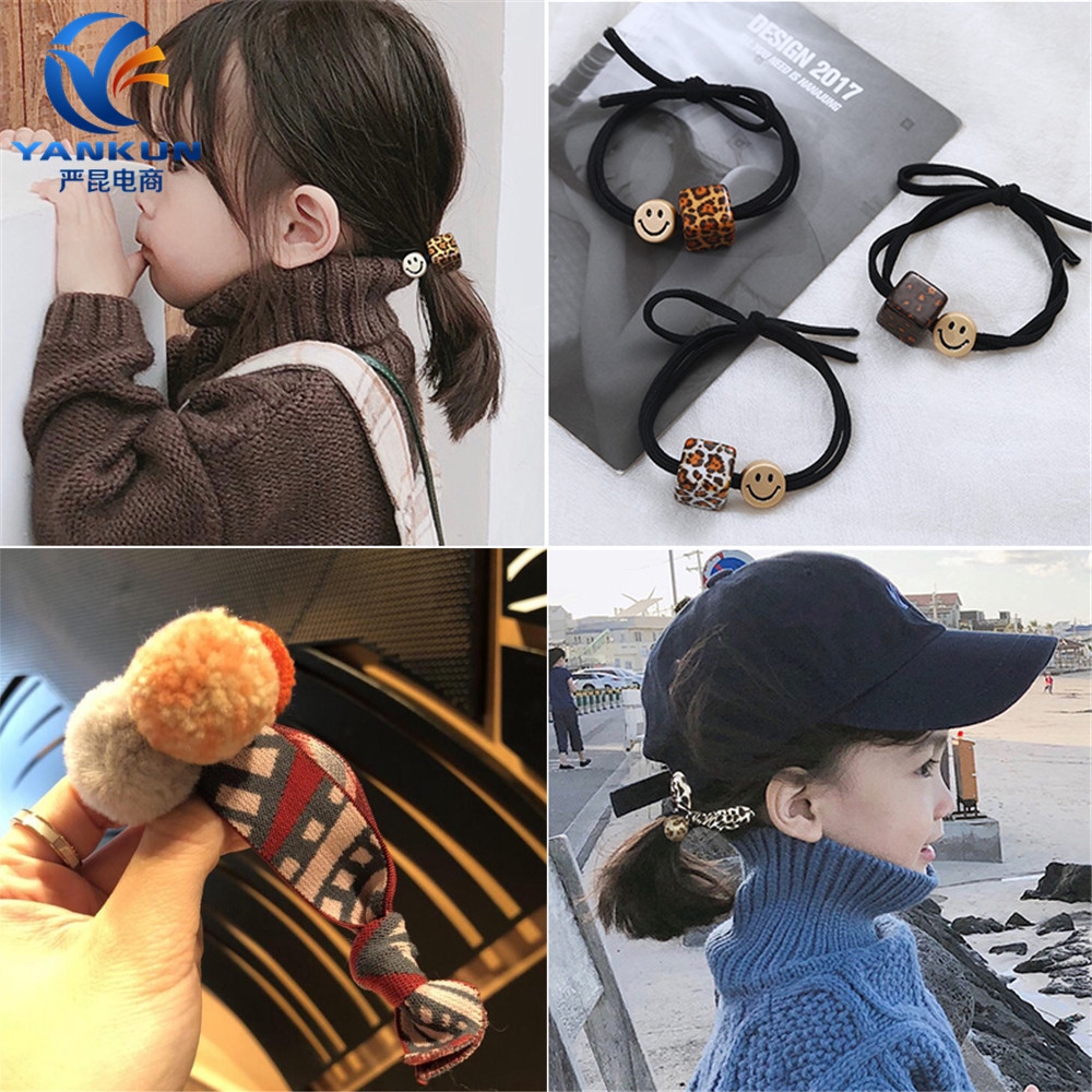 Dây cột tóc gắn quả lông/hình họa tiết da báo phong cách Vintage cho nữ