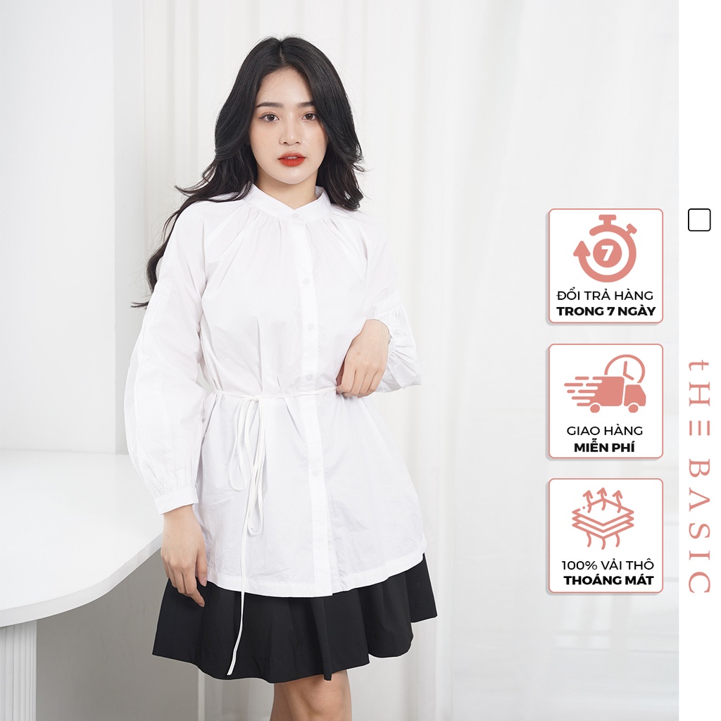 Áo sơ mi nữ dài tay The Basic vải thô cổ tàu dáng dài thắt eo màu trắng trẻ trung