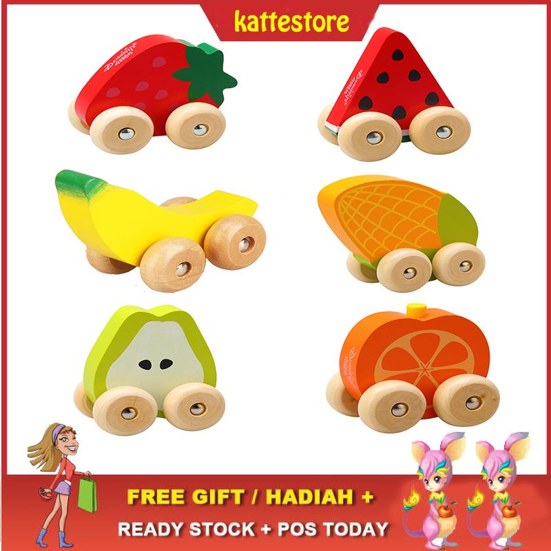 READY STOCK😱4 Wheels Wood Cartoon Fruit Wooden Track Toys Baby Car Gift