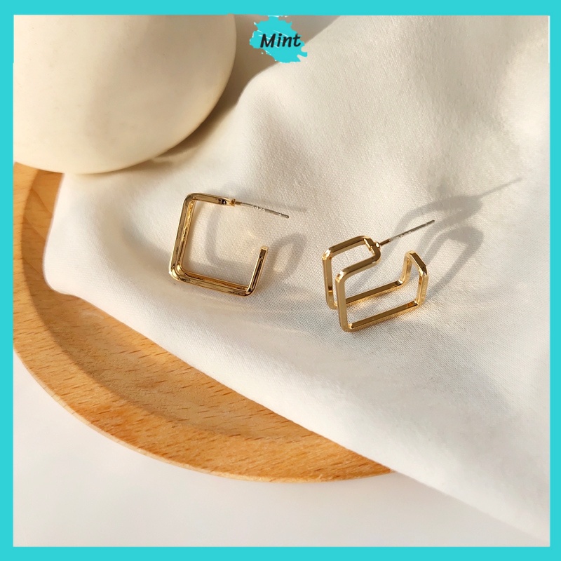Bông Tai Nữ ❤️KHÔNG GÂY DỊ ỨNG❤️ Khuyên Tai Hai Mảnh Hình Vuông Chuôi Xỏ Bạc S925