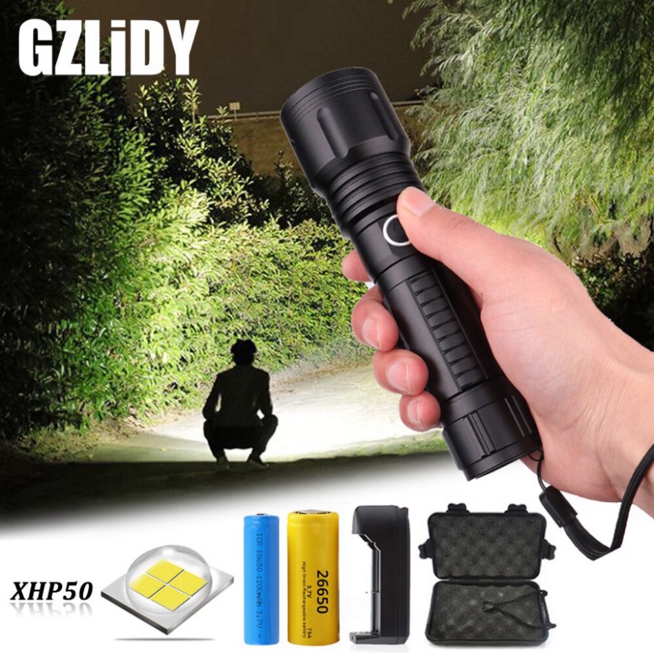 Đèn pin siêu sáng XHP50 chính hãng bản cao cấp tích điện dung lượng lớn, đèn pin mini bóng LED 3 chế độ sáng