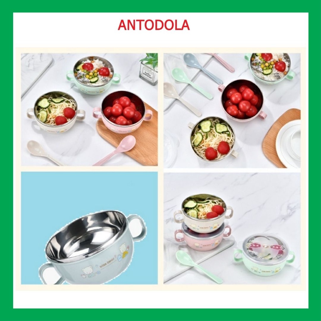 Bát Ăn Dặm Inox 2 lớp Cách Nhiệt Cho Bé Có Tay Cầm Nắp Đậy Kèm Thìa Muỗng, Chén ăn cháo, Bát Ăn Cơm