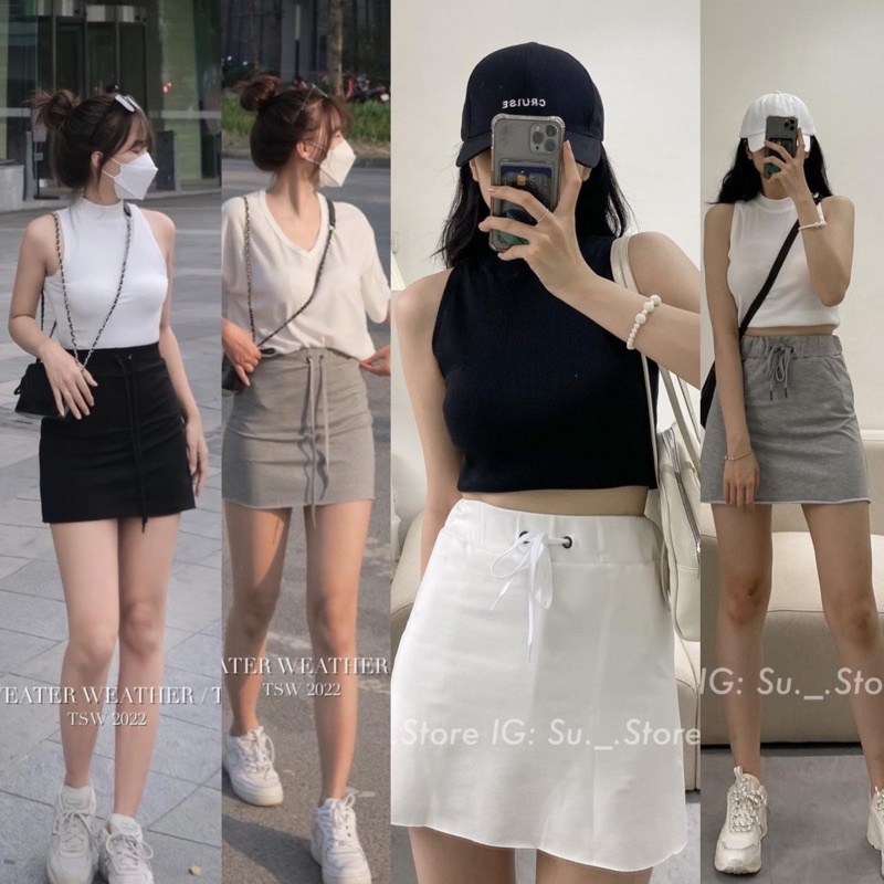 [Ảnh thật/Video]Chân váy Da Cá phong cách thể thao Hàn quốc tôn dáng Chân váy hai lớp hàn quốc