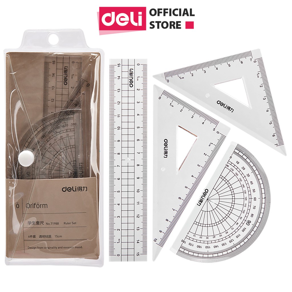 Bộ 4 dụng cụ eke học sinh Deli - 1 bộ eke thước kẻ đo góc tam giác vuông - Phù hợp với học sinh, dân văn phòng