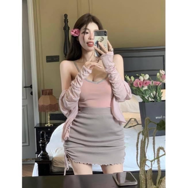 Set áo kiểu hai dây thun trơn kèm áo khoác cardigan tay dài mỏng và chân váy ngắn ôm body thun co dãn - Order taobao