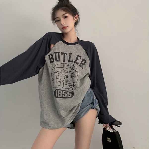 Áo Thun Tay Dài Dáng Rộng In Họa Tiết Màu Sắc Tương Phản Phong Cách Hàn Quốc Thời Trang Mùa