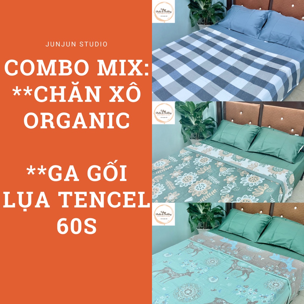 (2) TH SET Chăn Ga Gối vải Xô Organic cotton &amp;Ga Gối lụa tone pastel