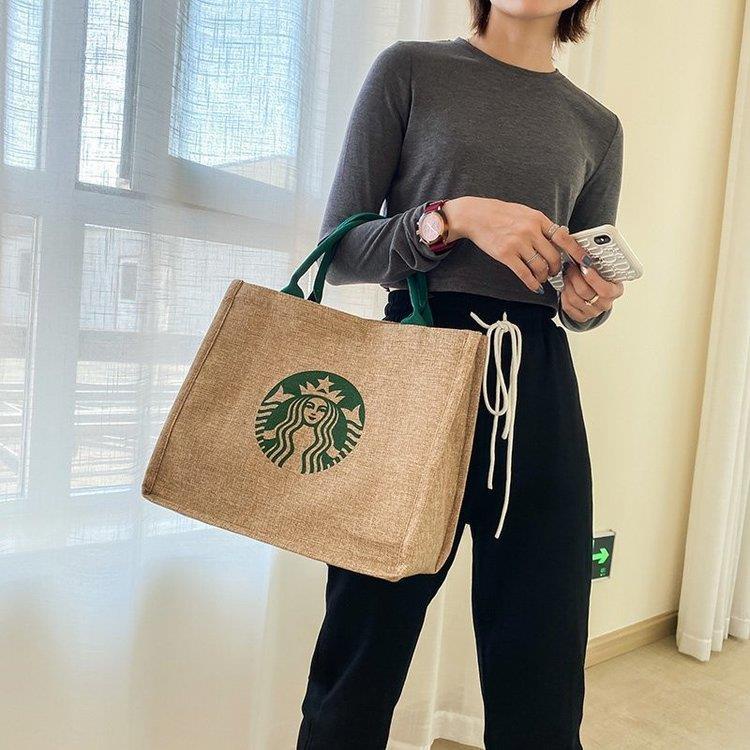 Túi Đựng Mỹ Phẩm Bằng Vải Canvas Cỡ Lớn In Logo Starbucks Tiện Dụng Mang Theo Du Lịch