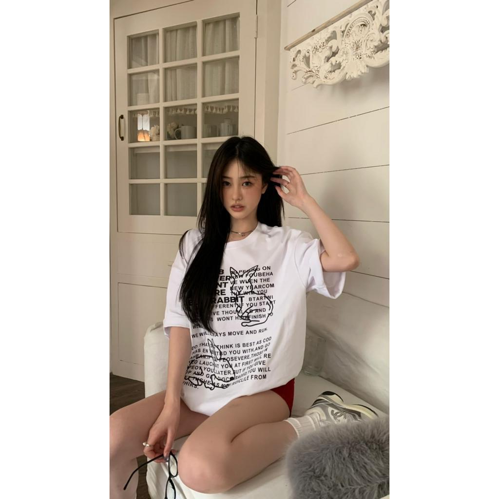 「 WELOVE1 」Áo Thun 100% Cotton Tay Ngắn Cổ Tròn Dáng Rộng In Hình Thỏ Và Chữ Phong Cách Hàn Quốc Dành Cho Nữ