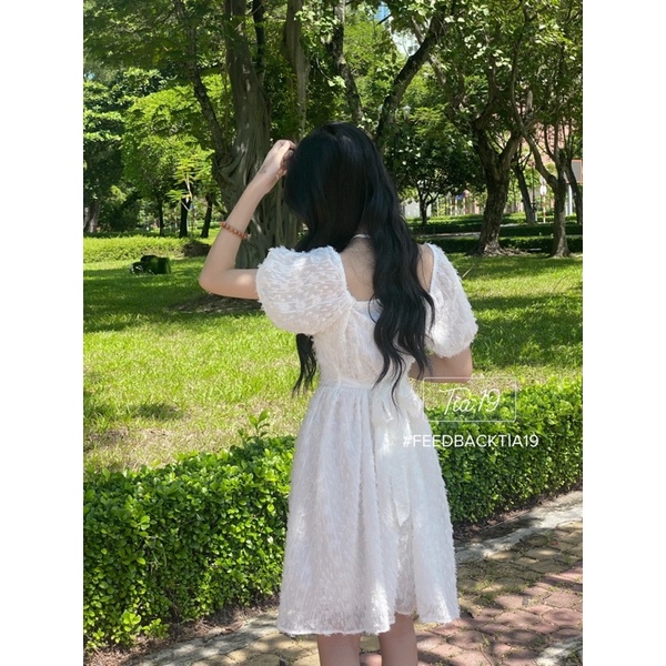 Váy cổ yếm trễ vai voan tơ Tia19. Đầm yếm rớt vai công chúa