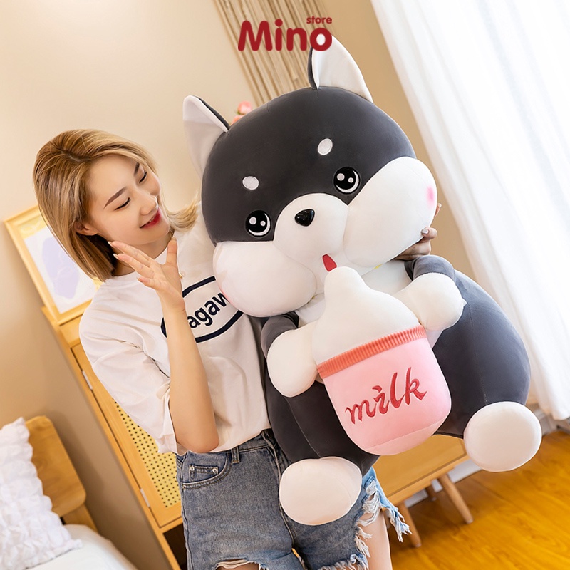 Gấu Bông Chó Husky Ôm Bình Sữa Cute Dễ Thương Mino Mềm Mại Ôm Ngủ Mềm Mịn 70cm TH76