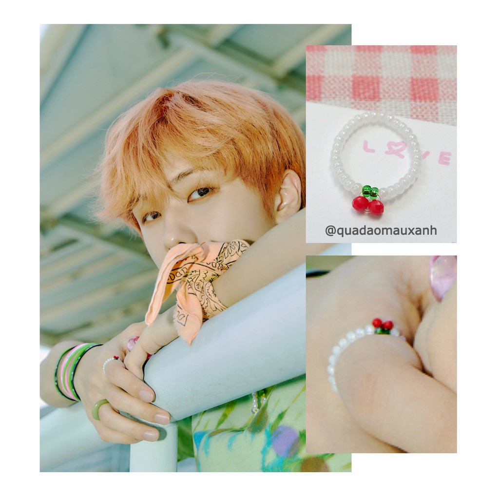 NCT Mark &amp; Jisung, nhẫn quả cherry đỏ bằng hạt cườm Hello Future #K-pop idol cheap moment #Quadaomauxanh