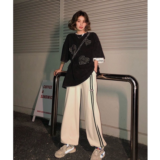 Quần Thể Thao Lưng Cao Ống Rộng Họa Tiết Kẻ Sọc Size S-4XL Phong Cách Hong Kong Cho Nữ