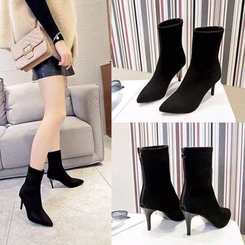 Giày boot da lộn cao gót mũi nhọn có khoá sau
