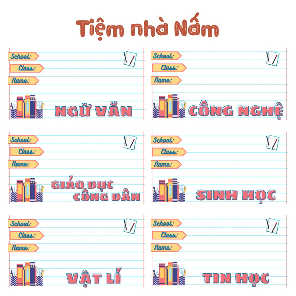 Combo Nhãn Vở Thiết Kế Theo Tên Môn Học, Sách Vở Basic