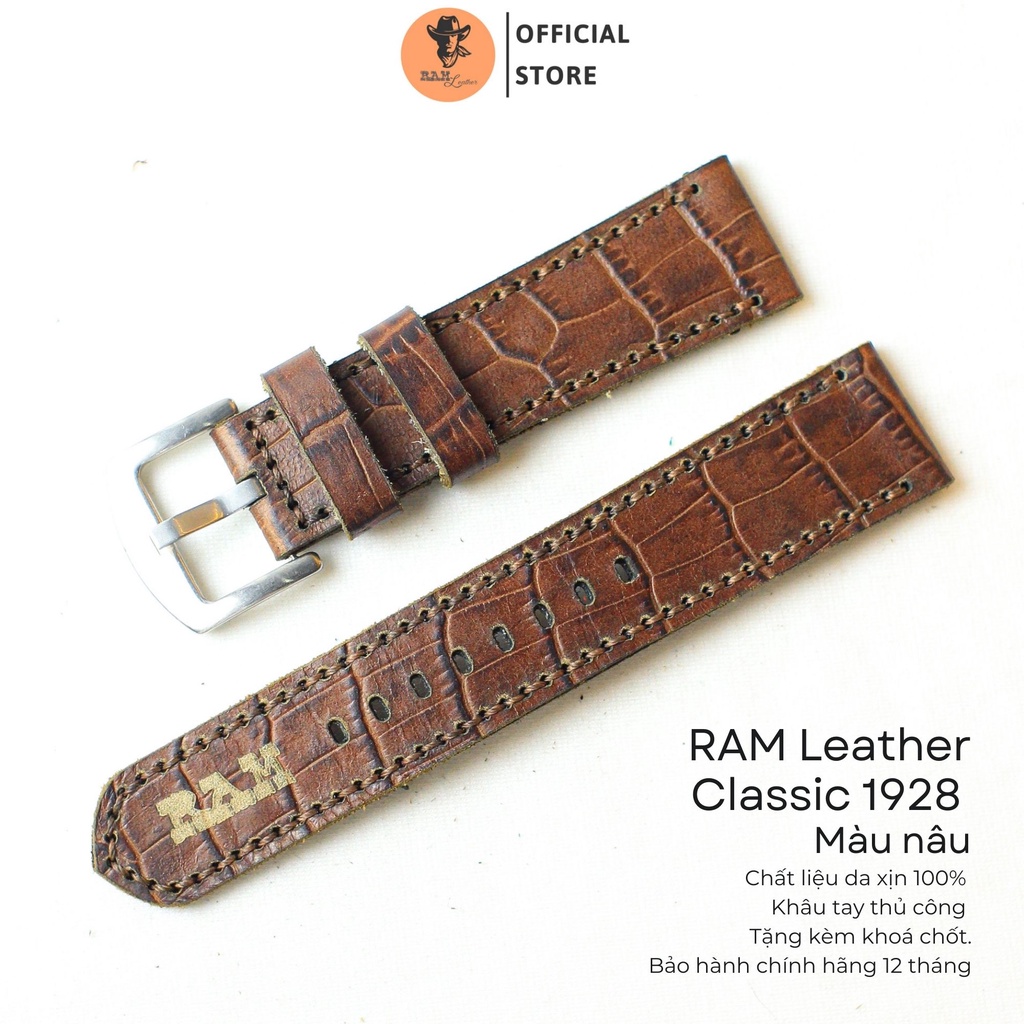 Dây Đồng Hồ Da Bò Thật RAM Leather 1928 Vân Cá Sấu Nâu Bền Đẹp