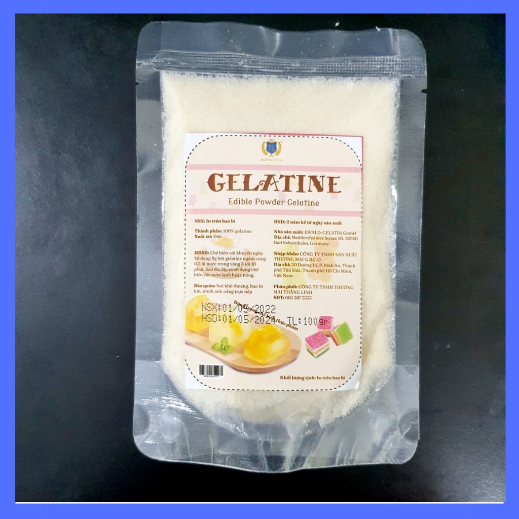 bột gelatine đức 100g làm mousse, tàu hủ, kẹo dẻo, chè khúc bạch