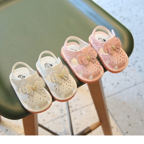 (Hàng Full hộp)Dép rọ, sandal tập đi  đính nơ hạt xinh xắn đế mềm cho bé gái 0-2 tuổi