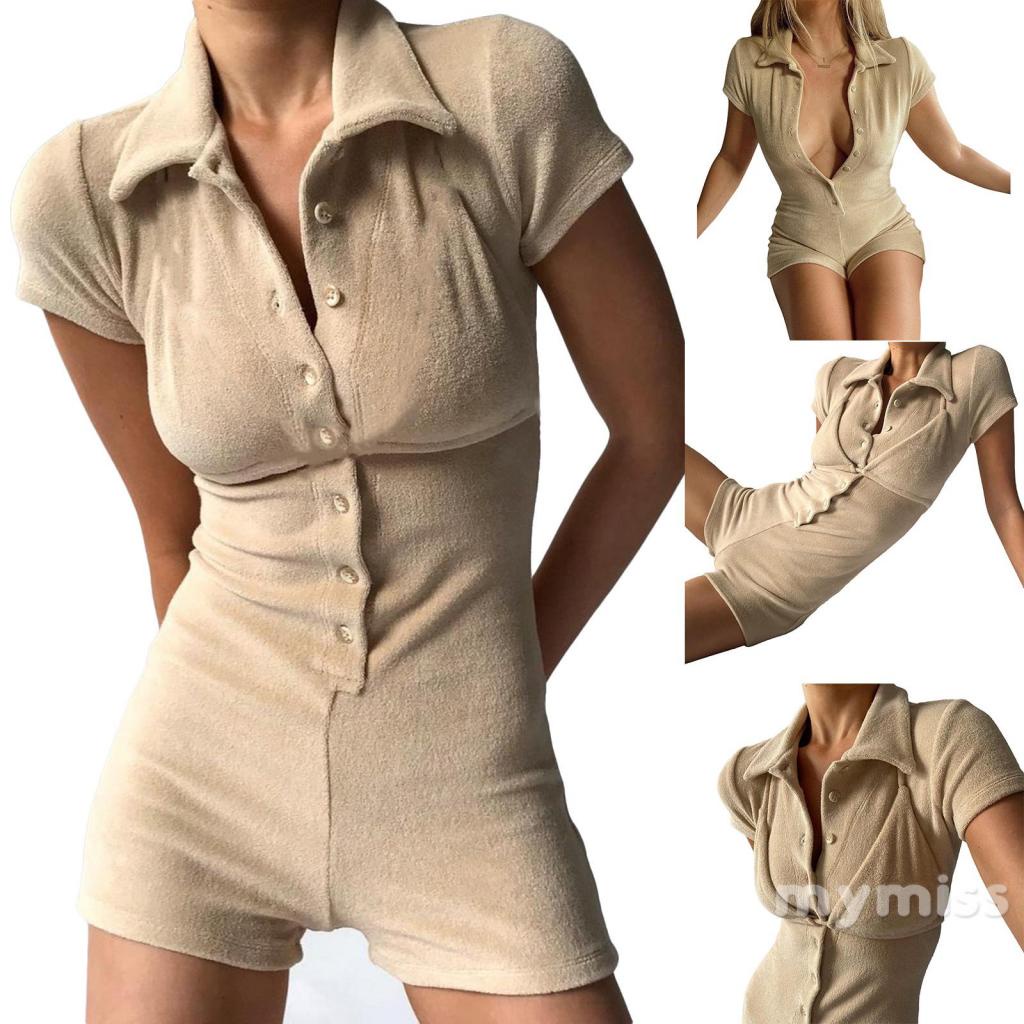 Bộ áo liền quần cổ bẻ cài nút tay ngắn màu trơn size S/ M/ L/ XL
