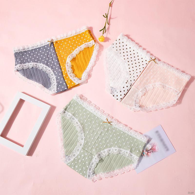 Quần Lót Cotton Lưng Vừa Phối Ren Họa Tiết Chấm Bi Phong Cách Nhật Bản Dễ Thương
