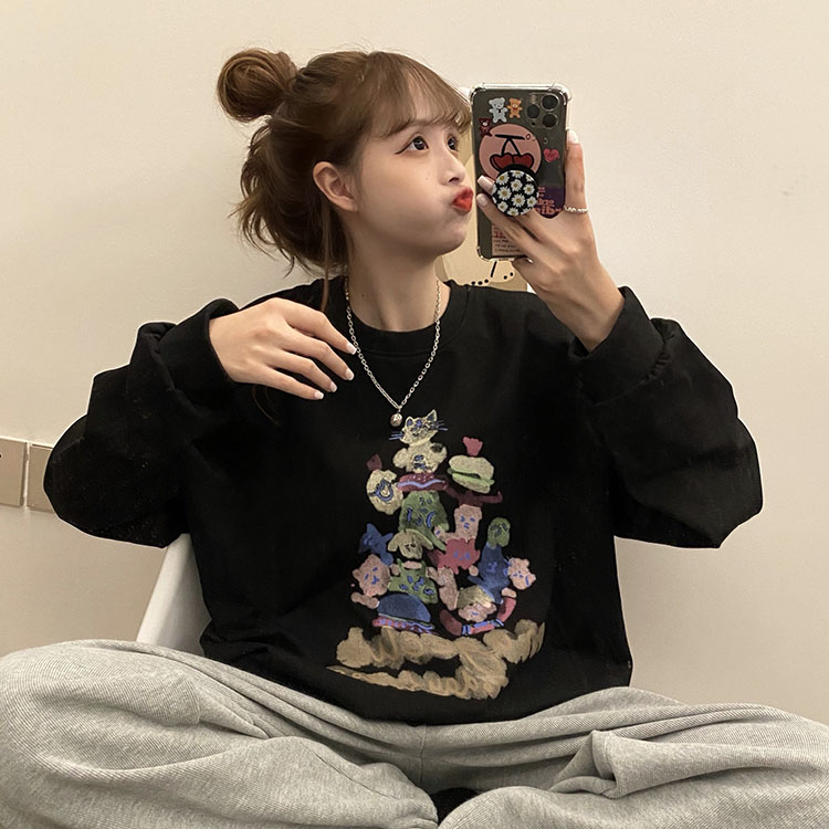 áo nỉ tay dài cổ tròn in hình dễ thương đáng yêu phong cách Hàn Quốc cho nữ | BigBuy360 - bigbuy360.vn