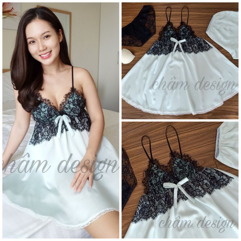 váy ngủ lụa satin xanh ngọc kết hợp ren mi đen gắn nơ ngực sang chảnh, hàng thiết kế độc quyền