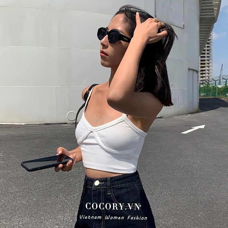 Cocory vn Áo croptop không tay màu trơn phong cách mùa hè thời trang quyến rũ cho nữ