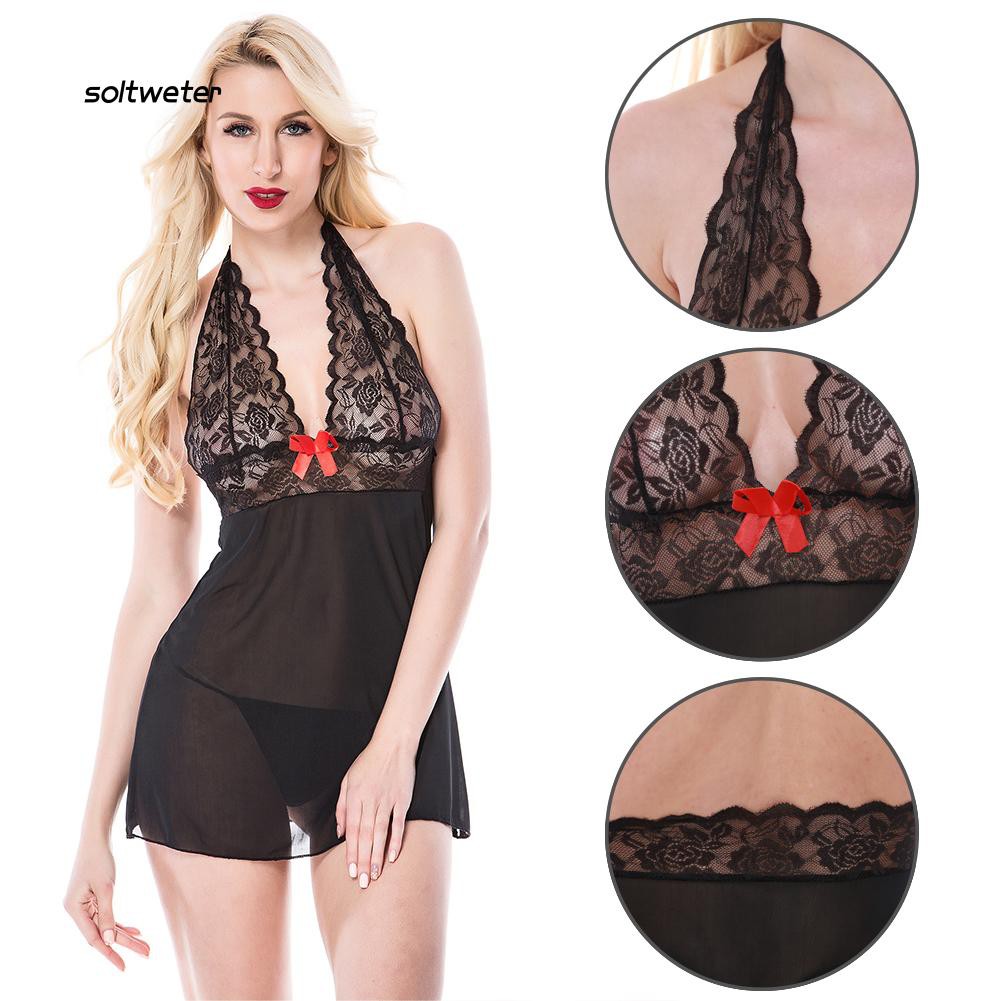 Set áo ngủ ren cổ V và quần lót chữ G sexy gợi cảm cho nữ