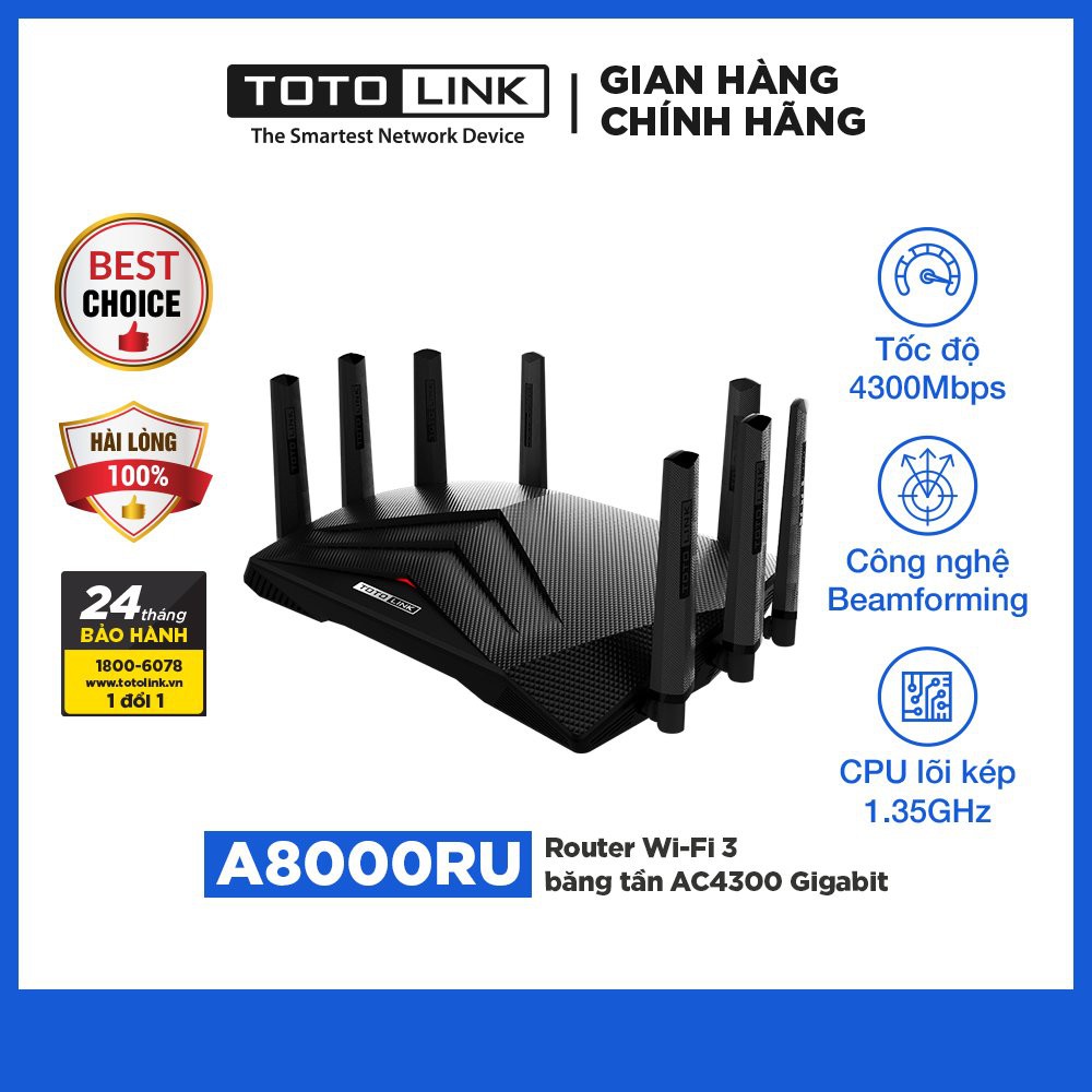 Router Wi-Fi 3 băng tần AC4300 Gigabit TOTOLINK A8000RU - Cục phát wifi hiệu năng cao CPU lõi kép - Hàng chính hãng