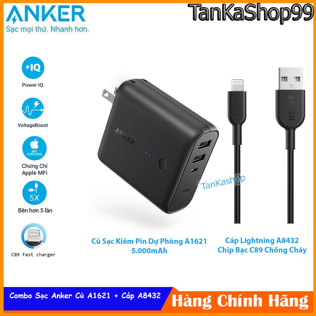 Combo Anker Củ Sạc Kiêm Pin Dự Phòng 5.000mAh A1621 + Cáp Lightning A8432 Chip Bạc C89 Chống Cháy