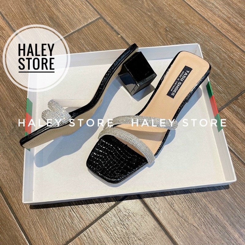 Guốc xoàn HALEY STORE hai quai xéo chéo mũi vuông vân da rắn đính đá lấp lánh sang chảnh đi chơi tiệc dạo phố rẻ bền đẹp
