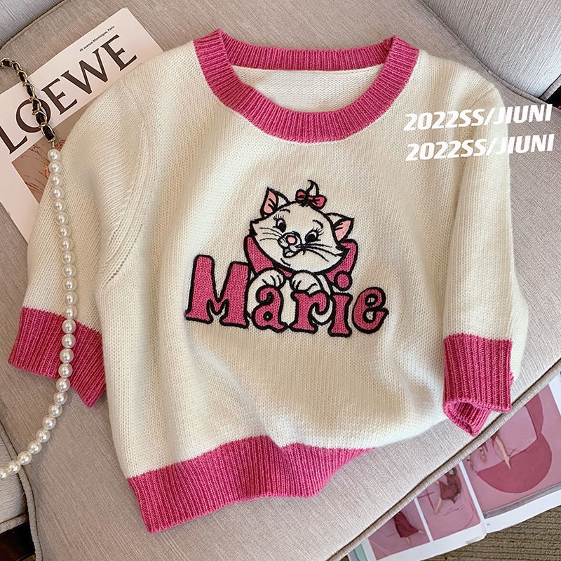 Hit-color cartoon short-sleeved knitted blouse women's 2022 early spring new Japanese lazy vintage sweater aging