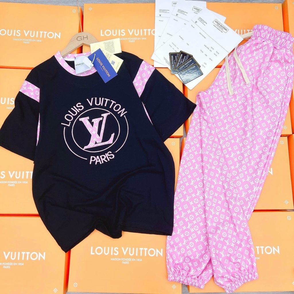 sét bộ cotton LV cổ tròn ngắn tay in họa tiết