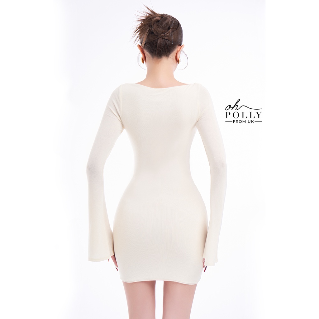 Oh Polly - Đầm dự tiệc cổ chữ v tay dài ống loe sexy, ôm body vải dệt kim co giãn