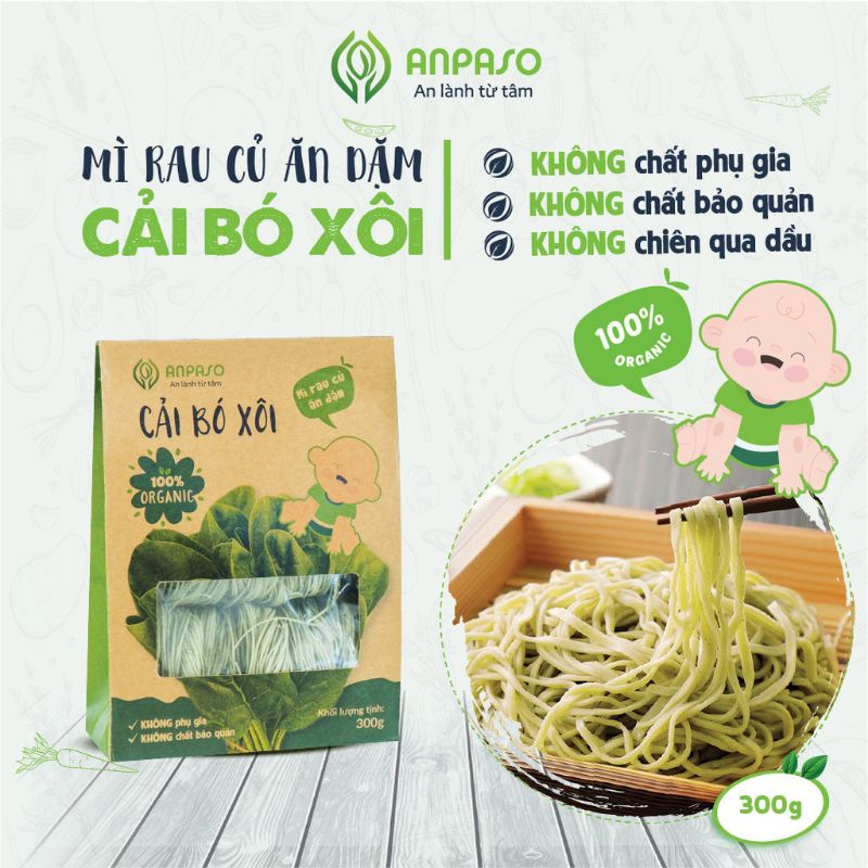 Mì Rau Củ Cải bó xôi Organic Ăn Dặm Cho Bé Hữu Cơ 300gam Anpaso