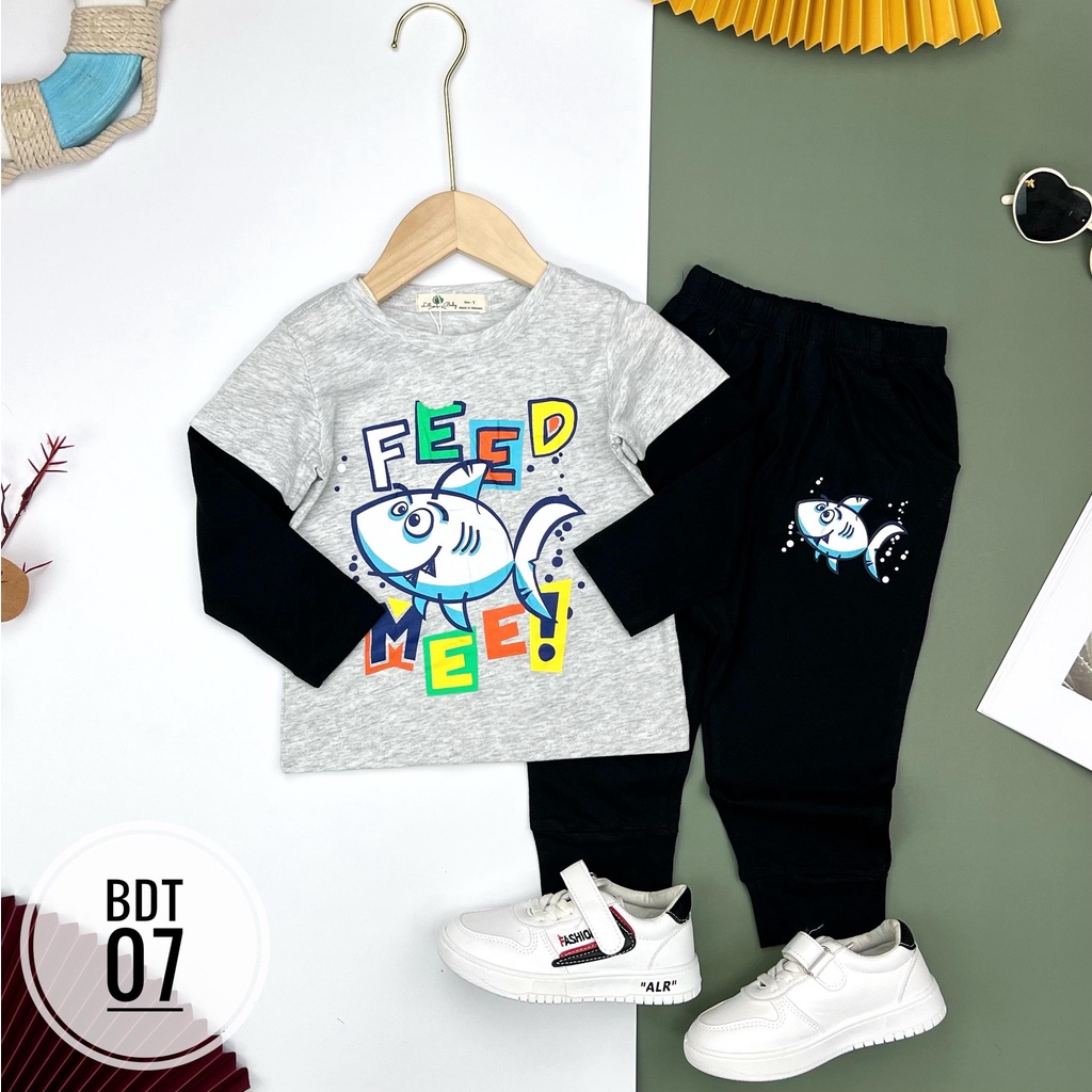 Bộ cotton dài tay thu đông Litibaby tay phối, size 1/7T