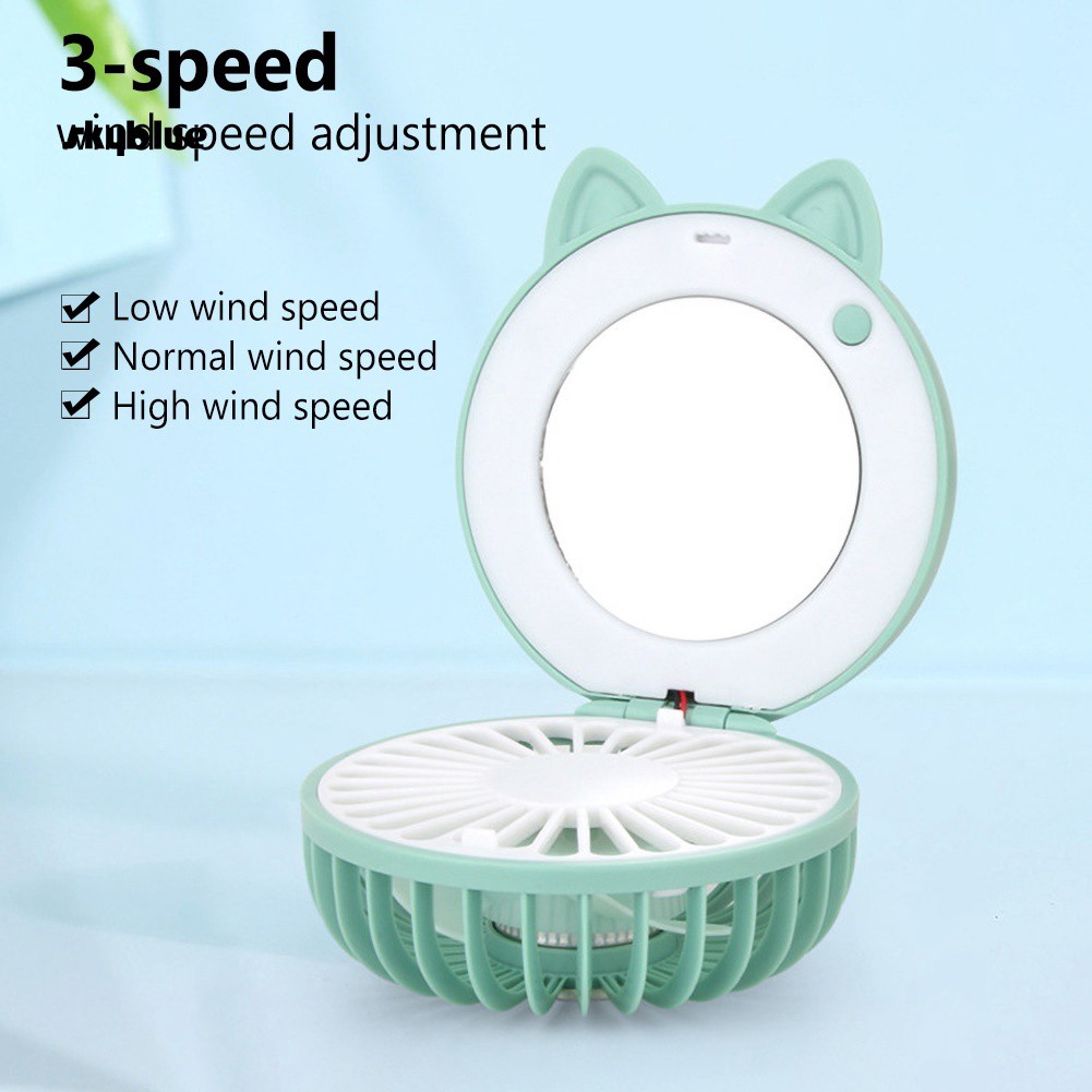 Quạt mini bỏ túi có đèn LED và gương trang điểm thiết kế hình mèo dễ thương cho nữ