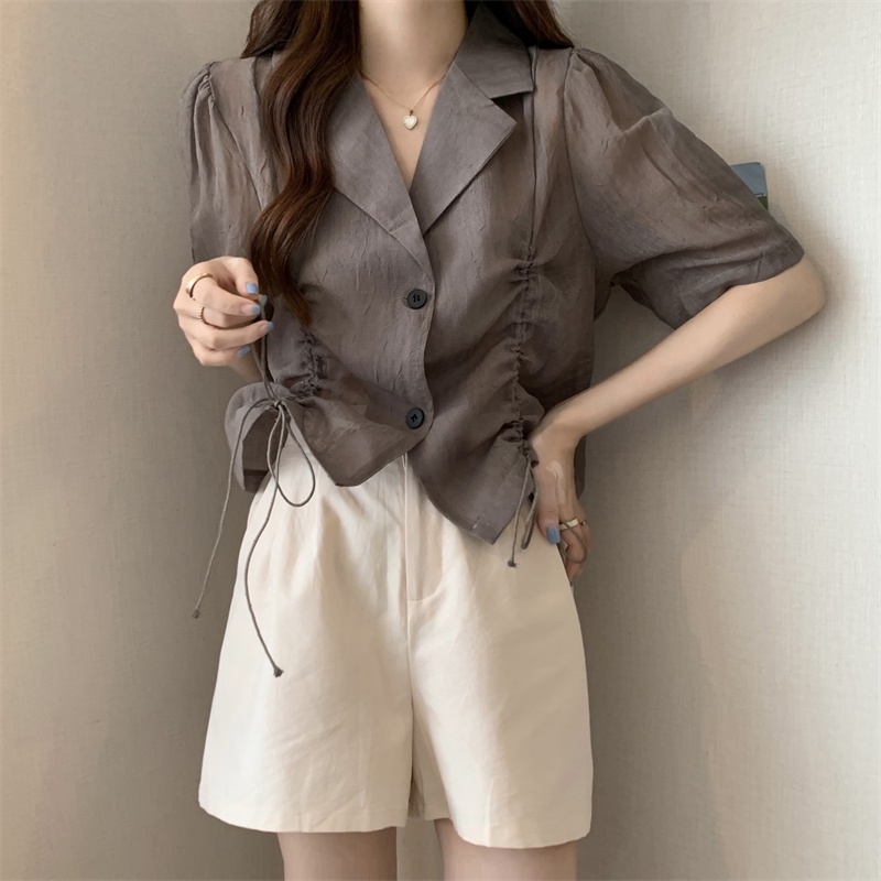 Áo sơ mi IELGY tay lửng cổ polo phối dây rút thời trang tùy chọn màu sắc dành cho nữ