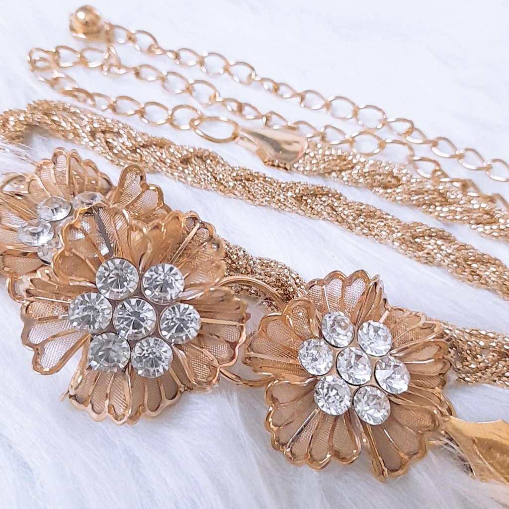 Dây đai váy 3 bông hoa đính đá, thắt lưng móc xích hợp kim nữ