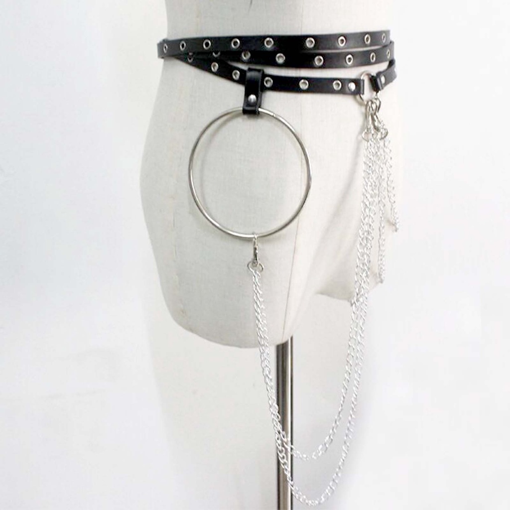 [Fenteer1] Vòng Đeo Cơ Thể Bằng Da PU Phối Dây Xích Kim Loại Tua Rua Thoải Mái Phong Cách Punk Cho Nữ