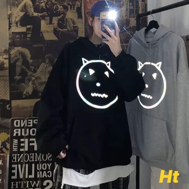 Áo hoodie nỉ mũ phản quang mặt quỷ
