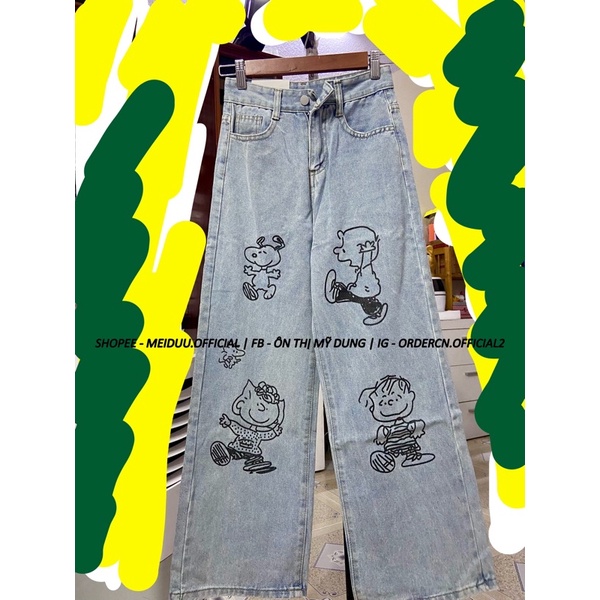 Quần jeans ống suông rộng hoạ tiết hoạt hình Phong cách Ulzzang Hàn Quốc