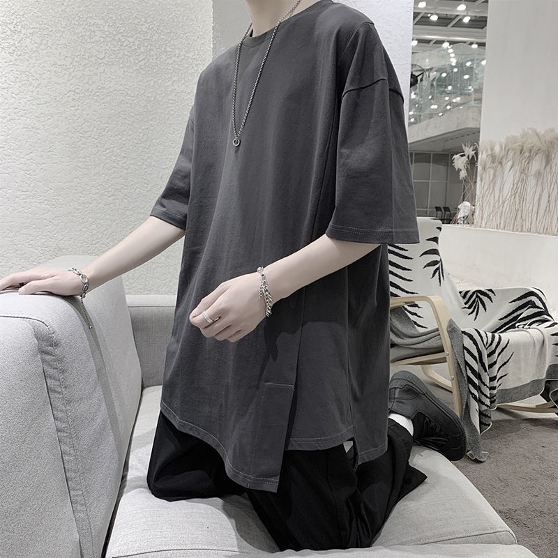 Áo Thun Tay Ngắn Dáng Rộng Xẻ Tà Kiểu Hồng Kông Thời Trang Cho Nam