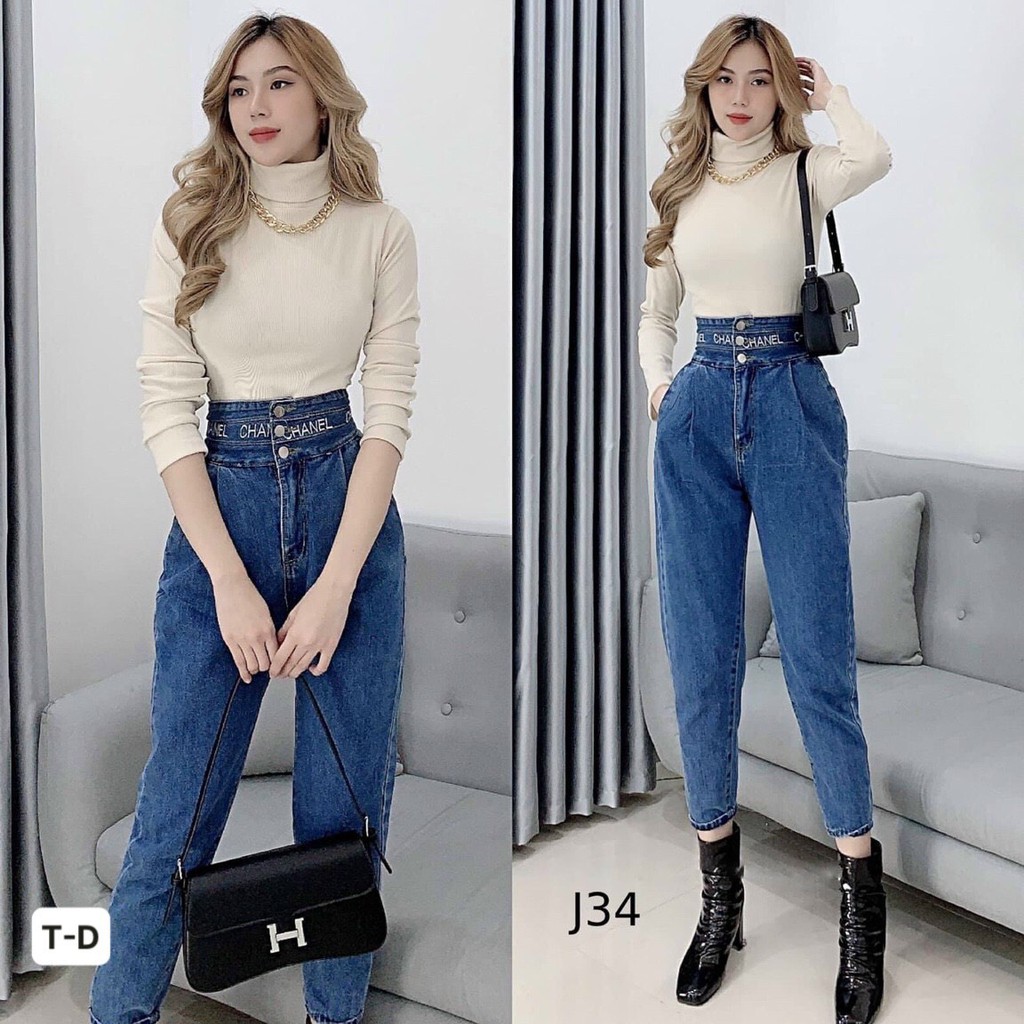 Quần Jean Baggy Nữ Thêu Chanel, Chất Co Dãn Tốt Mặc Ôm Form Dáng